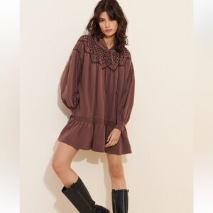 Free People Marty Smocked Hooded Puff Sleeve Sweatshirt Mini Dress